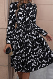 Black Floral Buttoned Pleated Dress