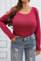 Red Plus Size Cold Shoulder Knitting Top 