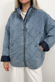 Blue Washed Quilted Zipper Denim Jacket