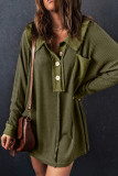 Green Waffle Knit Buttoned Long Sleeve Top