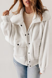 White Button Flap Pocket Spread Collar Fleece Jacket