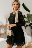 Black Lace Splicing Long Sleeve Mini Dress