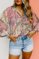 Chestnut Vintage Floral Print Puff Sleeve Buttoned Shirt