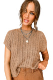 Light French Beige Crew Neck Cable Knit Short Sleeve Sweater