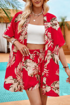 Tropical Print Short Sleeves Kimono With Elastic Shorts 2pcs Set