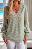 Mint V Neck Lace Edge Texture Long Sleeves Top