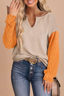 Parchment Corduroy Patchwork Drop Shoulder V Neck Top
