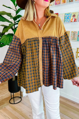 Mustard Contrast Plaid Print Puff Sleeve Shirt