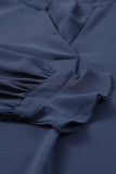 Blue Split V Neck Ruffled Sleeves Shirt Dress