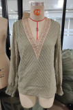 Mint V Neck Lace Edge Texture Long Sleeves Top