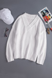 White V neck Drop Shoulder Knitted Sweater