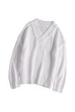 White V neck Drop Shoulder Knitted Sweater