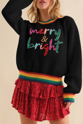 Black Glitter Merry & Bright Colorful Stripes Trim Sweater