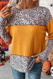 Vitality Orange Leopard Print Waffle Knit Patchwork Top