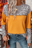 Vitality Orange Leopard Print Waffle Knit Patchwork Top