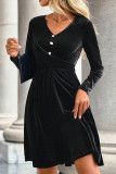 Black V Neck Buttoned High Waist Velvet Dress