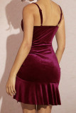 Dark Red Swing Collar Ruched Cami Velvet Dress