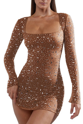 Hot Drilling Square Neck Long Sleeves Dress 