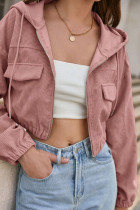 Pink Corduroy Zipper Hooded Crop Jacket