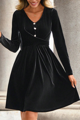 Black V Neck Buttoned High Waist Velvet Dress