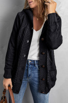 Black Buttoned Hooded Open Front Knitted Sweater