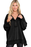 Black Oversized Exposed Seam Henley Sweatshirt