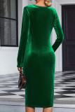 Dark Green Irregular V Neck Ruched Split Midi Dress 