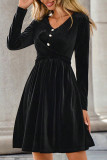 Black V Neck Buttoned High Waist Velvet Dress
