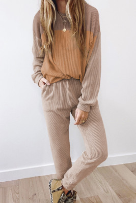 Brown Corded 2pcs Colorblock Pullover and Pants Outfit