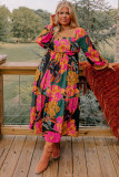 Multicolour Floral Print Square Neck High Waist Plus Size Dress