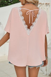 Plain Textured Back V Neck Lace Short Sleeves Top