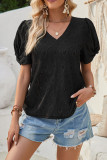 Plain Hollow Out Heart Pattern V Neck Puff Short Sleeves Top
