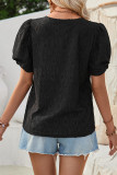 Plain Hollow Out Heart Pattern V Neck Puff Short Sleeves Top