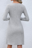 Plain V Neck Button Rib Mini Dress 
