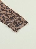 Khaki Leopard Patchwork Waffle Knit Buttoned Blouse