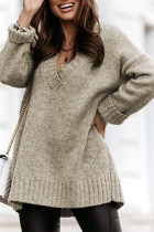 Gray V neck Drop Shoulder Knitted Sweater