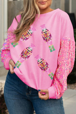 Pink Christmas Pattern Sequin Sleeve Plus Size Sweatshirt
