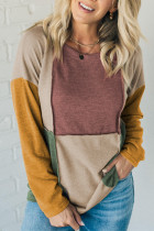 Light French Beige Exposed Seam Colorblock Knit Long Sleeve Top