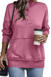 Bright Pink Ribbed Hem Snap Button Neckline Sweatshirt with Pocket