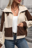 Apricot Contrast Brown Open Zipper Fleece Jacket