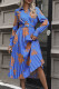 Blue Printed V Neck Pleated Midi Dress Wish Sash