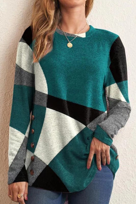 Geometric Print Side Button Long Sleeves Top