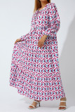 Printed V Neck Bubble Sleeves Ruffles Maxi Dress