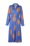 Blue Printed V Neck Pleated Midi Dress Wish Sash