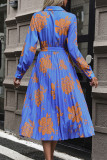 Blue Printed V Neck Pleated Midi Dress Wish Sash