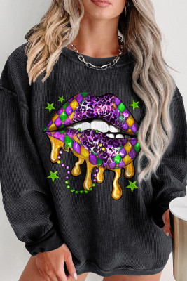 Black Leopard Plaid Lip Print Corded Plus Size Sweatshirt