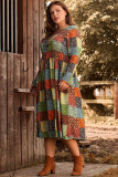 Green Printed Multicolor Western Checkered Plus Size Swing Dress