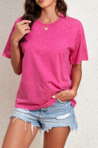 Bright Pink Solid Color Drop Shoulder Crew Neck T Shirt