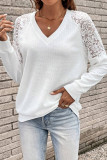 White Waffle Knit Splicing Lace Sleeves Top
