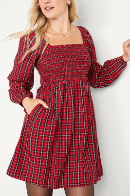 Red Plaid Square Neck Dress